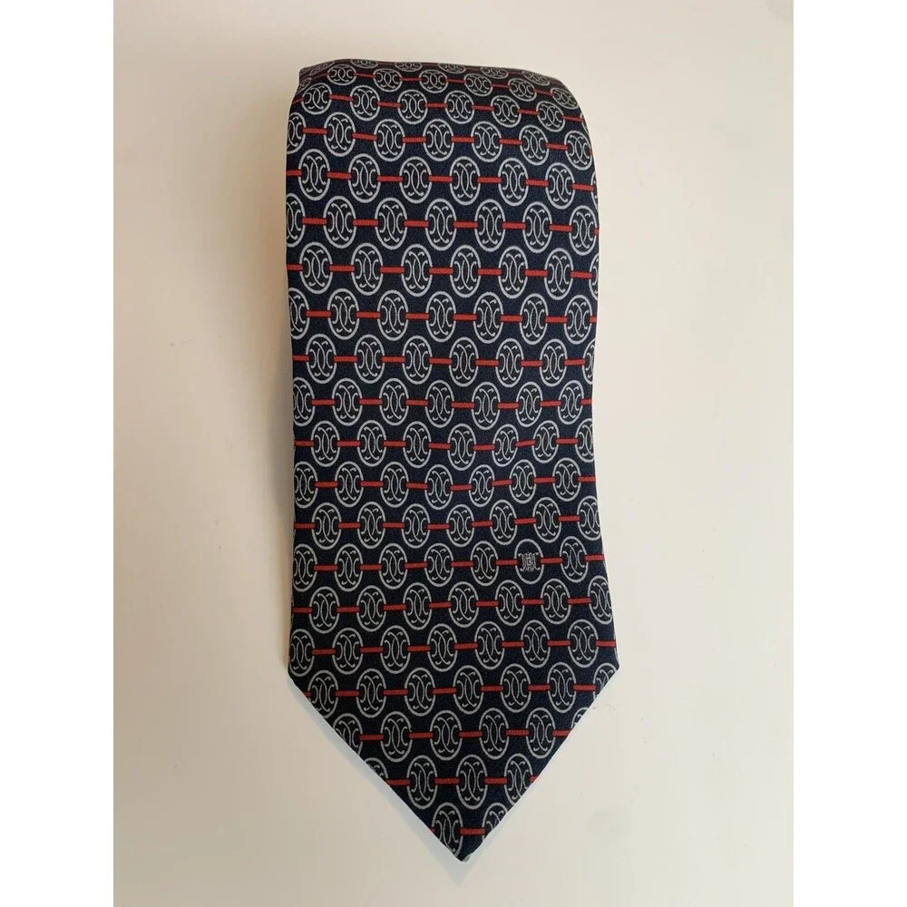 Vintage Celine Paris Silk FTie Navy Blue Geometric Medallion Rare Pattern
